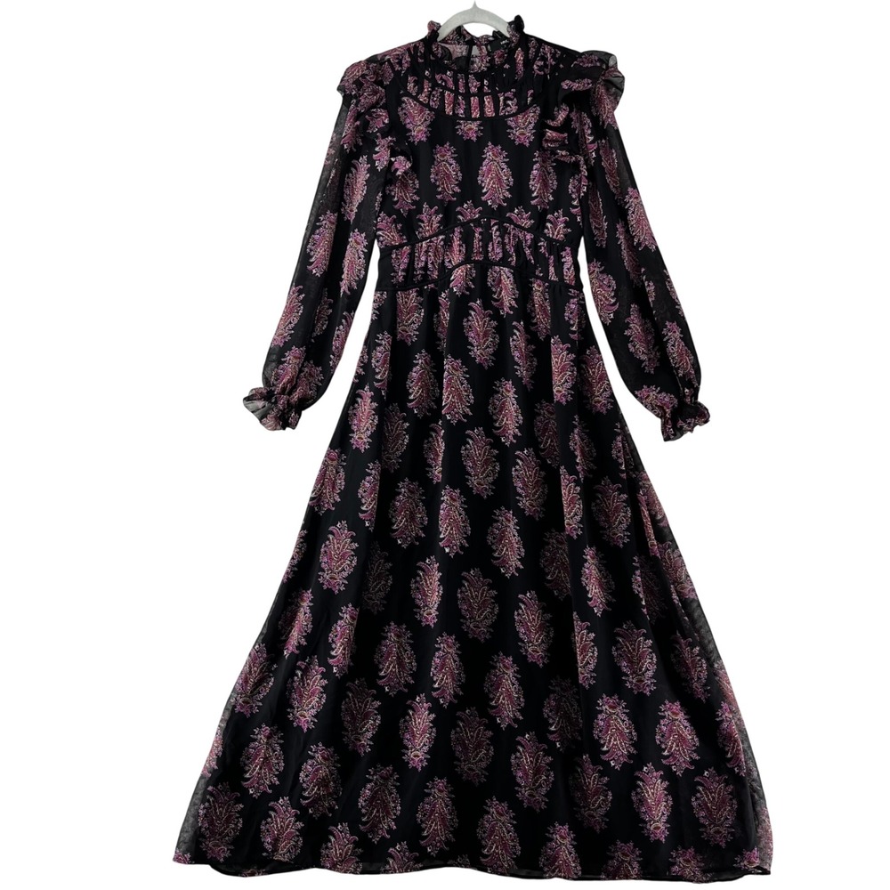 MNG Maxi Dress Paisley Print Ruffle Neck Vampire Goth Whimsigoth Romantic Size M